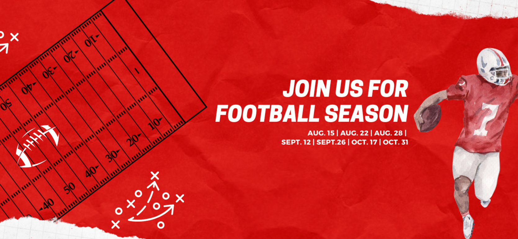 A football-themed graphic featuring a player and a field overlay with event dates.