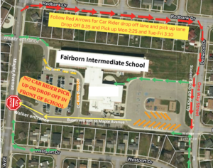 Fairborn Intermediate School car rider drop off/pick up map