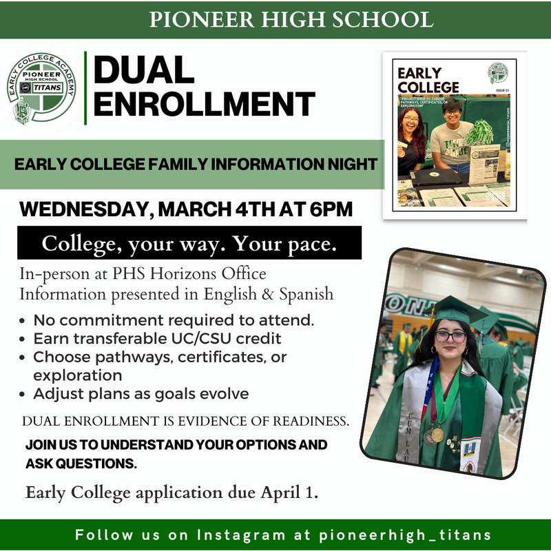 Pioneer High School invites families to attend our Early College Family Meeting on Wednesday, March 4 at 6:00 PM in the PHS Horizons Office