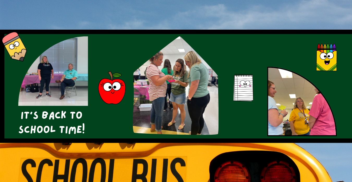 A collage depicting a back-to-school event with colorful decorations and people interacting.