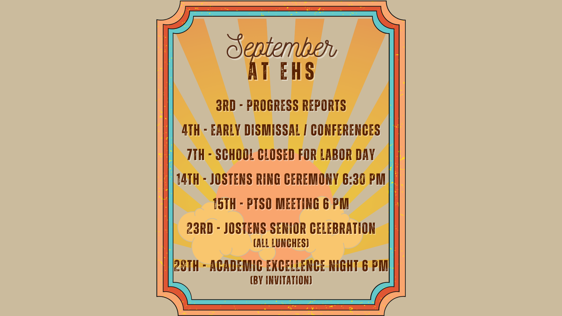 Calendar of events for September at EHS with dates and activities listed.