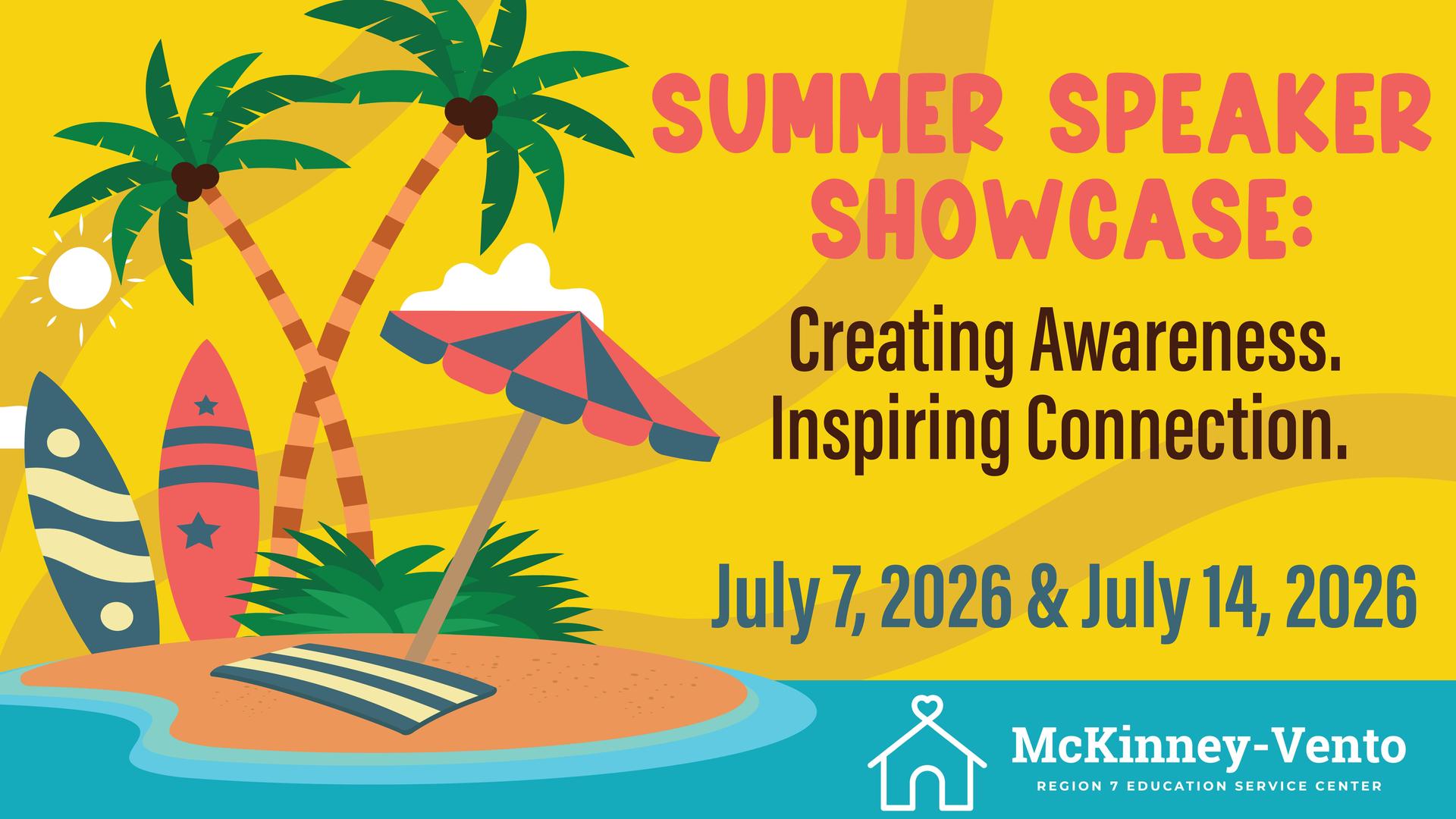 Summer Speaker Showcase July 14 graphic with beach scene, palm trees, and surfboards.
