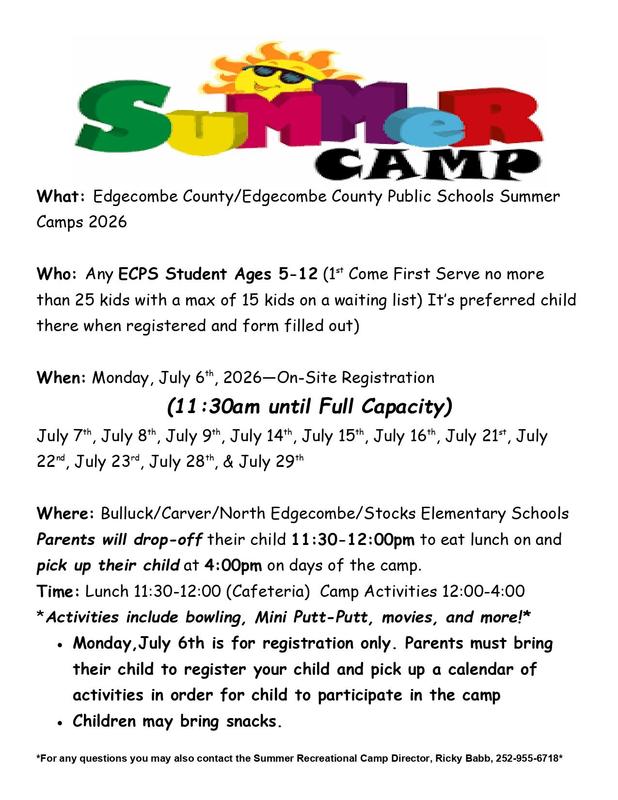 *For any questions you may also contact the Summer Recreational Camp Director, Ricky Babb, 252-955-6718*
