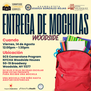 Backpack giveaway flyer with information on when the giveaway is and a picture of a backpack In Spanish