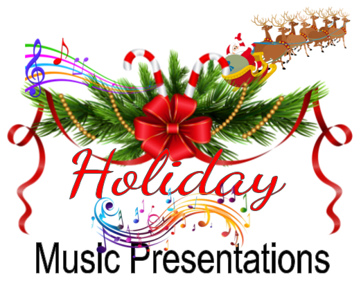 Santa and reindeers, candy canes, musical notes, ribbons