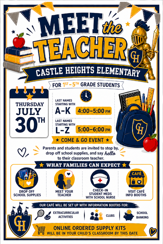 Graphic of meet the teacher event flyer with details listed