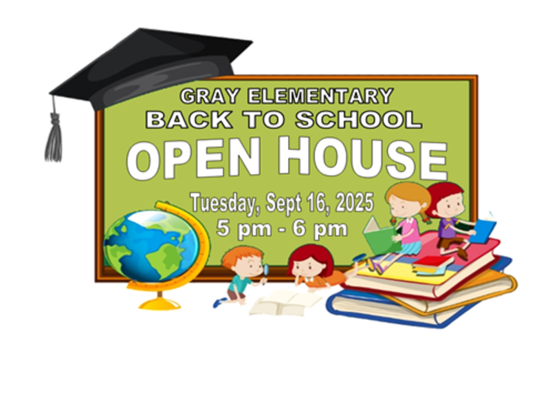 School open house event poster with characters, books, globe, and a graduation cap.