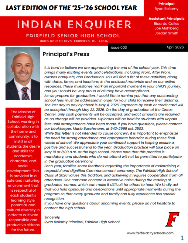 Cover of the last edition of the Indian Enquirer newsletter for the 2025-2026 school year. It features a column by Principal Ryan Bellamy.
