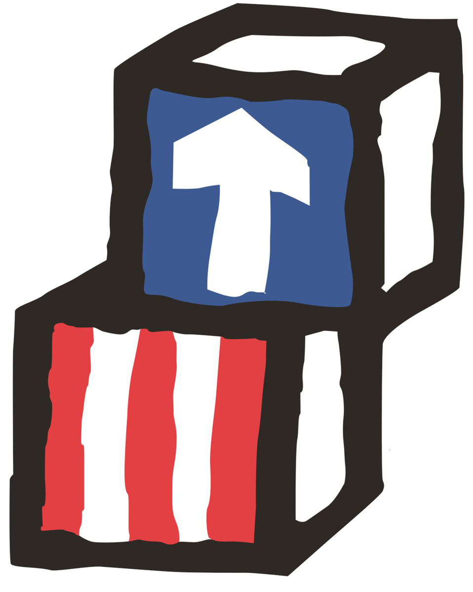 Stacked colorful blocks with an arrow and stripes.