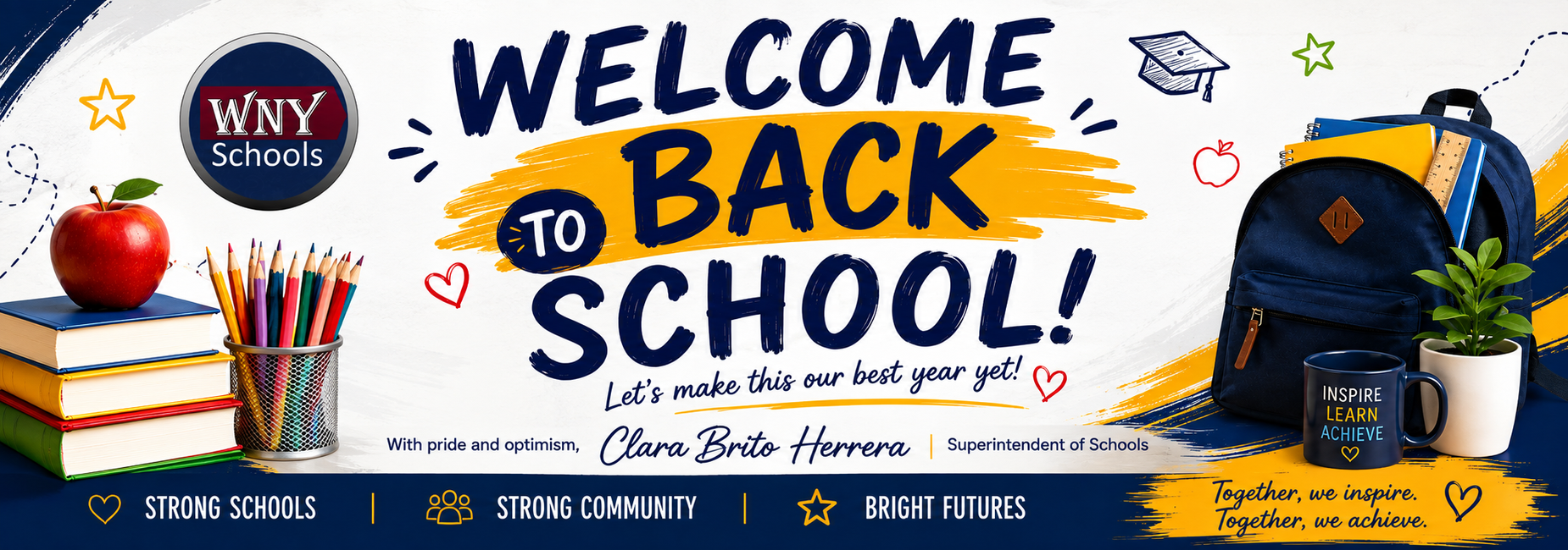 Welcome back to school banner with text, books, and a backpack.