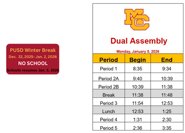 PUSD Winter Break and Dual Assembly Bell Schedule 1/5/2026