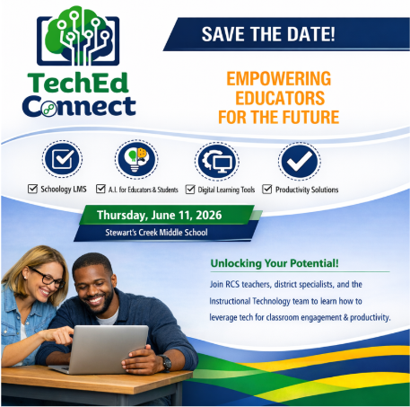 Save the Date graphic for TechEd Connect 2026 featuring a colorful, modern layout in green, blue, yellow, and white. The top section includes the TechEd Connect logo and a banner reading ‘Save the Date!’  A green and navy banner displays the event date and location: Thursday, June 11, 2026, at Stewart’s Creek Middle School. At the bottom left, two teachers collaborate over a laptop. 