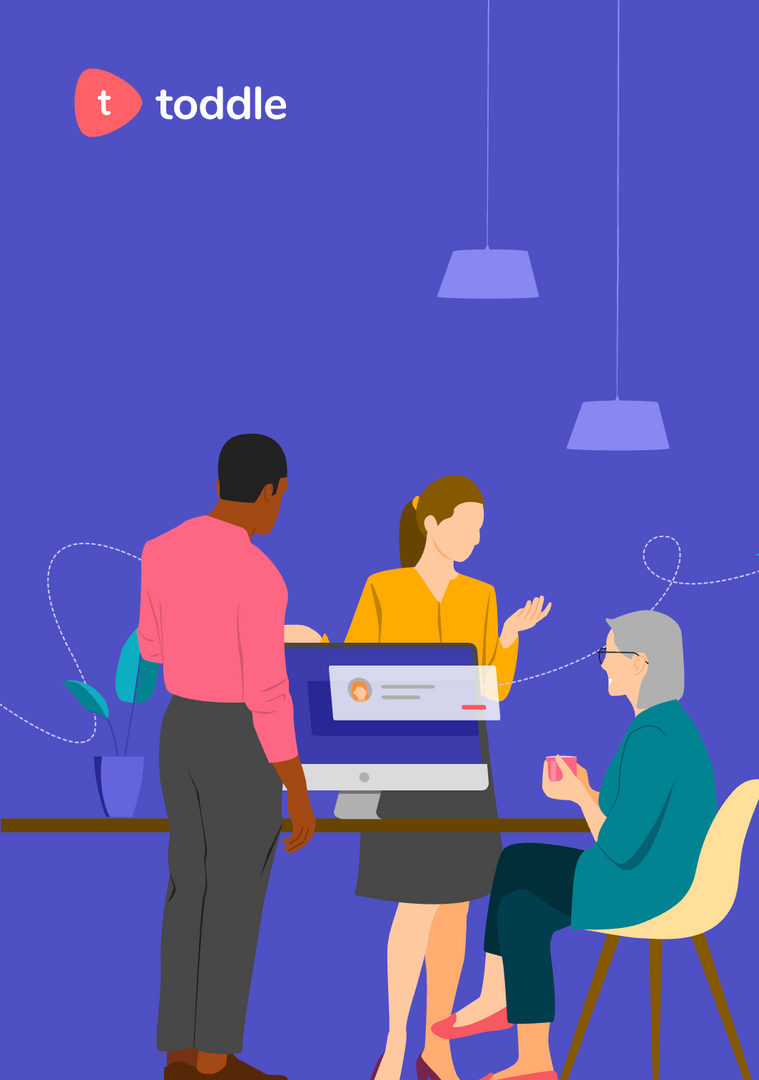 Three individuals in discussion with a laptop on a table, against a purple background.
