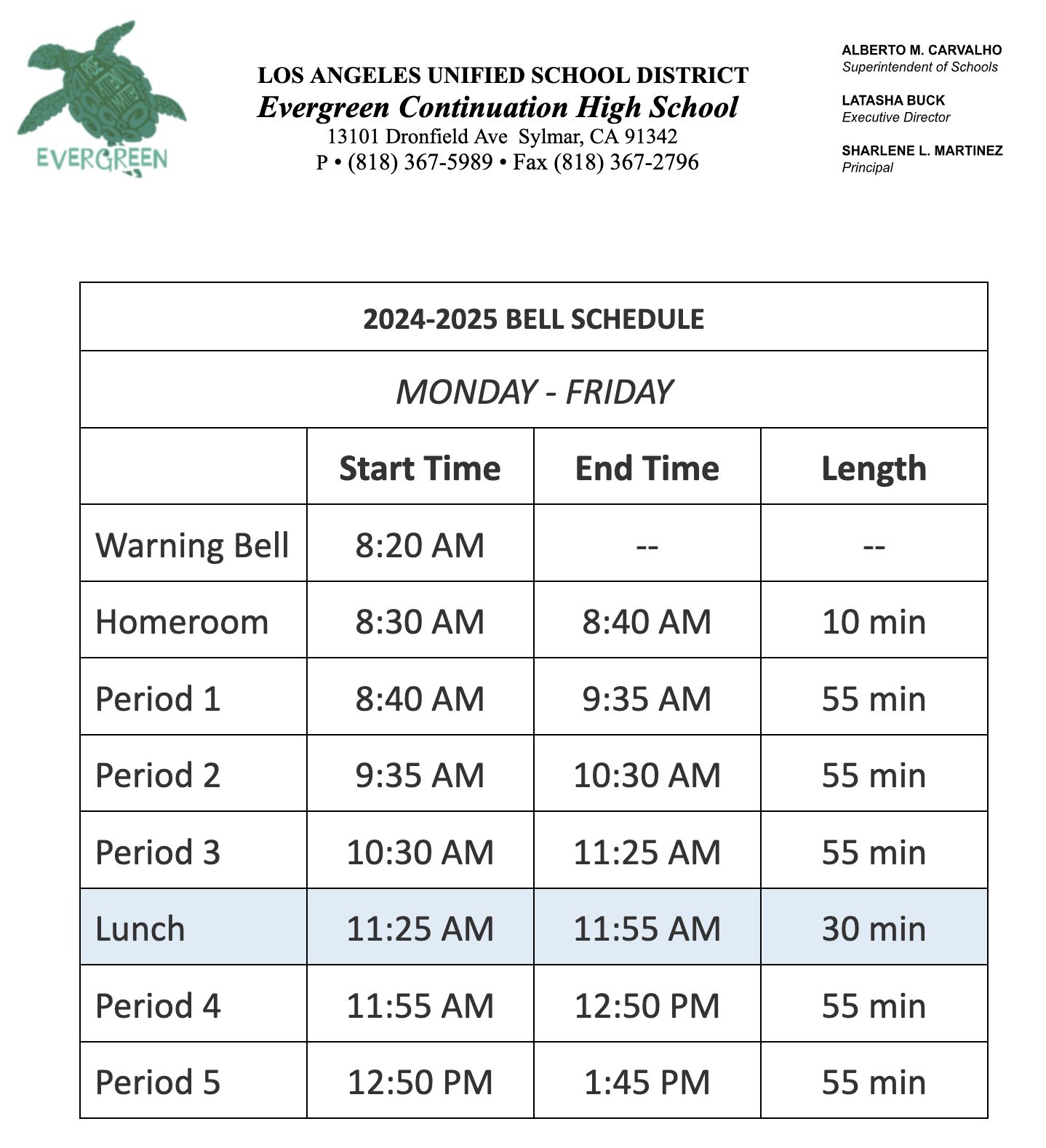 Bell Schedule – Our School – Evergreen Continuation High