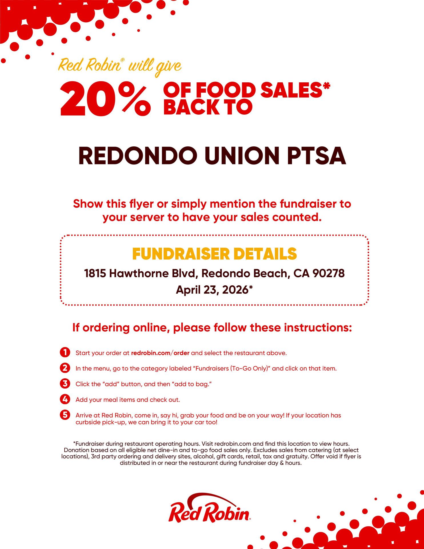 Thank you to Red Robin for giving back 20% to RUHS PTSA