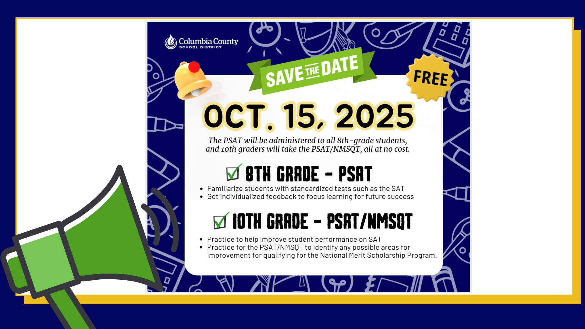 Colorful announcement for PSAT testing on October 15, 2025, with details for 8th and 10th graders.