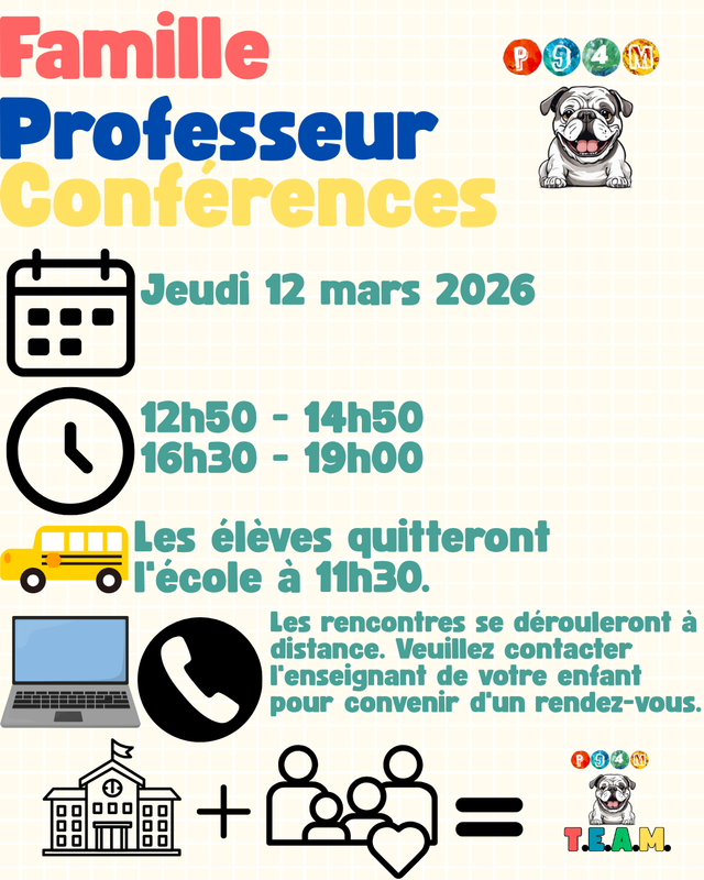 French- Calendar, clock, bus, computer, phone icons with teal, red, blue, and yellow text