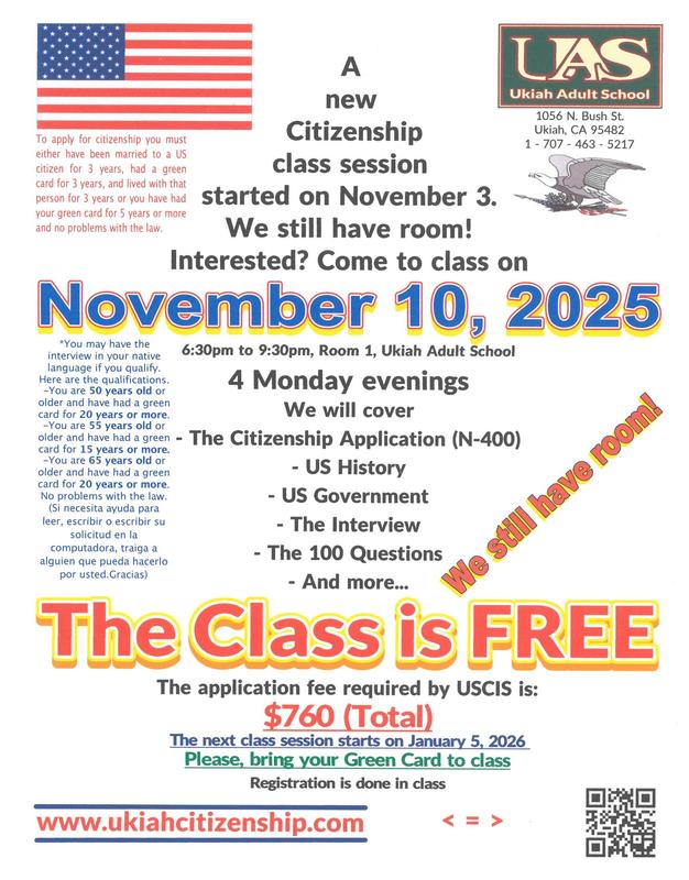 A citizenship class started on November 3. We still have rom! interested? Come to class on November 10 poster.