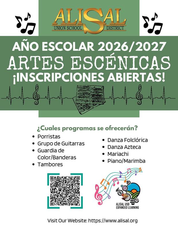 Graphic describing information about the performing arts academies for 2026-27 in Spanish