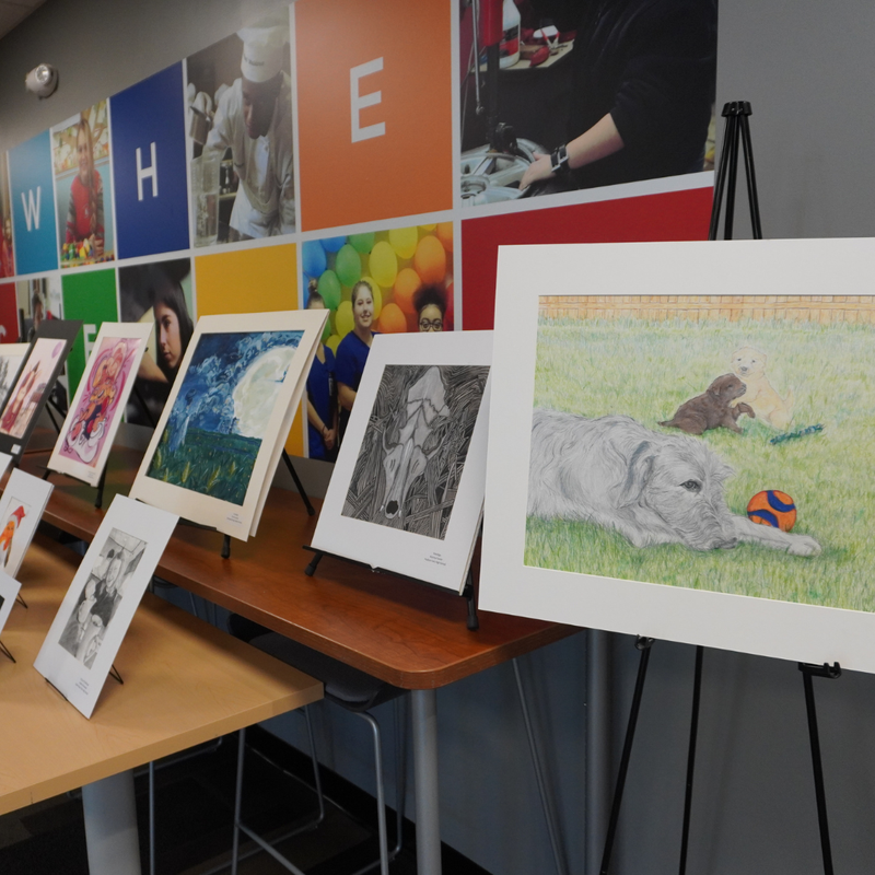 Art pieces displayed on tables