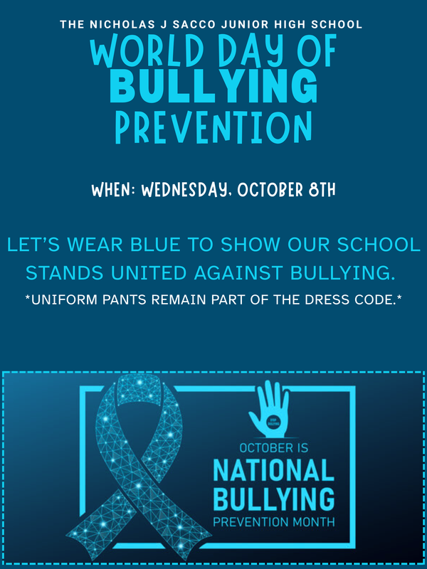world day against bullying flyer wear blue on Wednesday October 8 must wear uniform pants