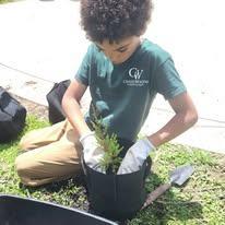 Student planting tree on Earth Day.