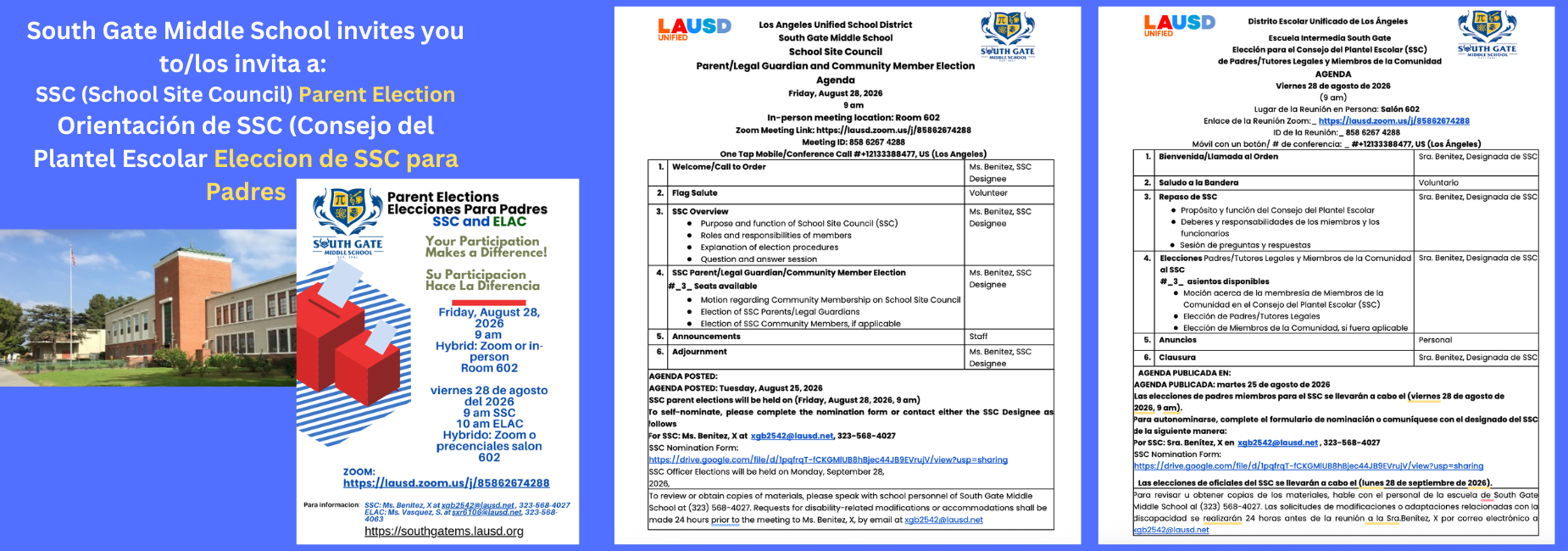 Parent Elections for SSC on Friday 
Zoom Link : https://lausd.zoom.us/j/85862674288