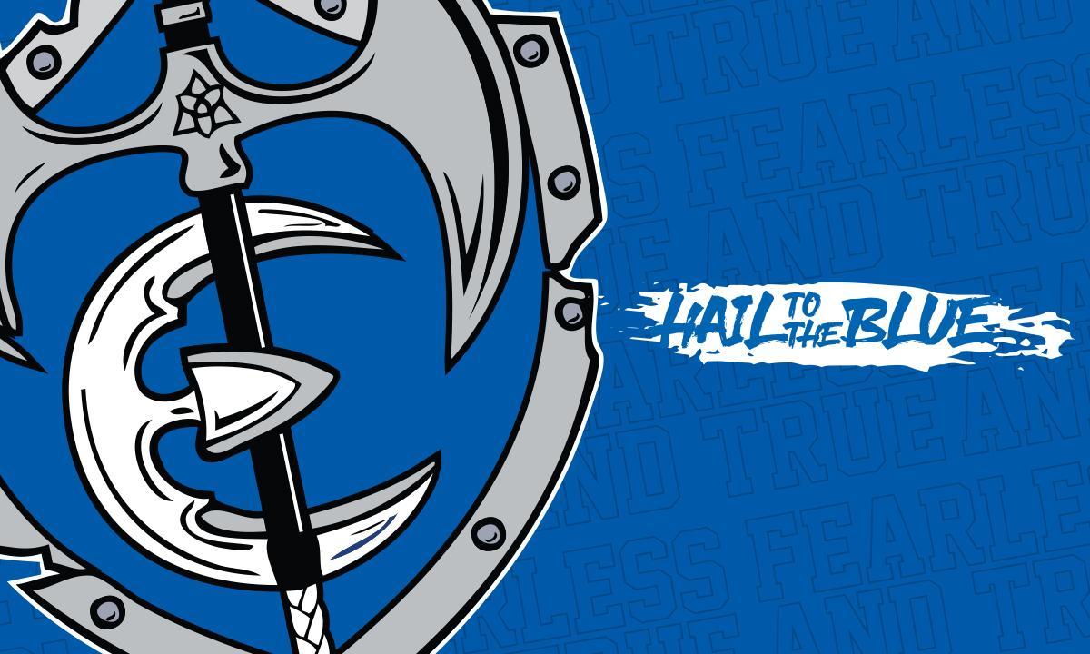 Logo featuring a shield, axe, and the text 'Hail to the Blue' on blue background.