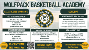 Promotional flyer for Wolfpack Basketball Academy with details on sessions and discounts.