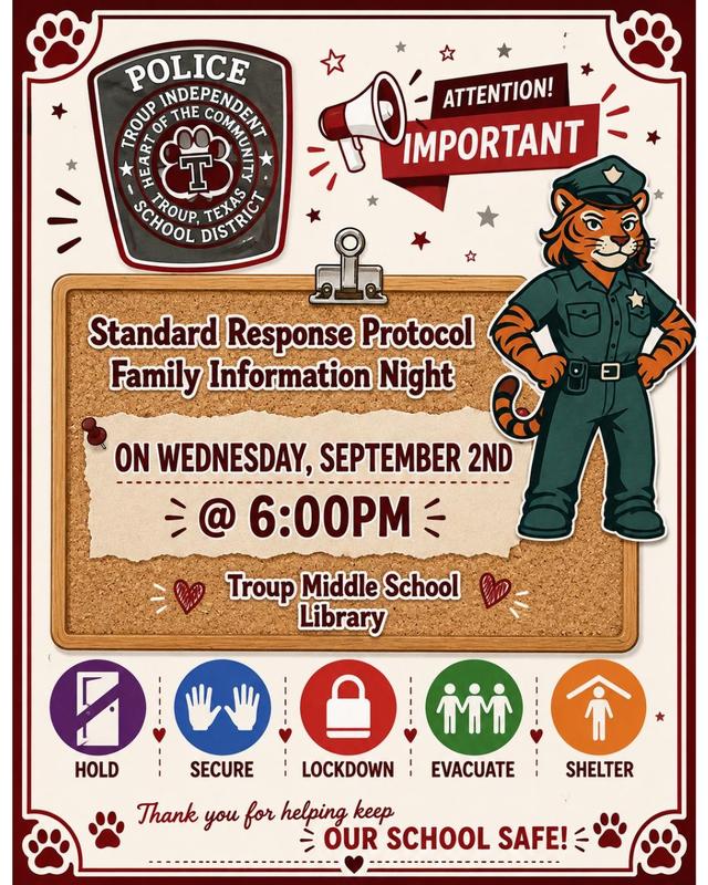SRP Family Information Night September 2, 6 pm, at TMS