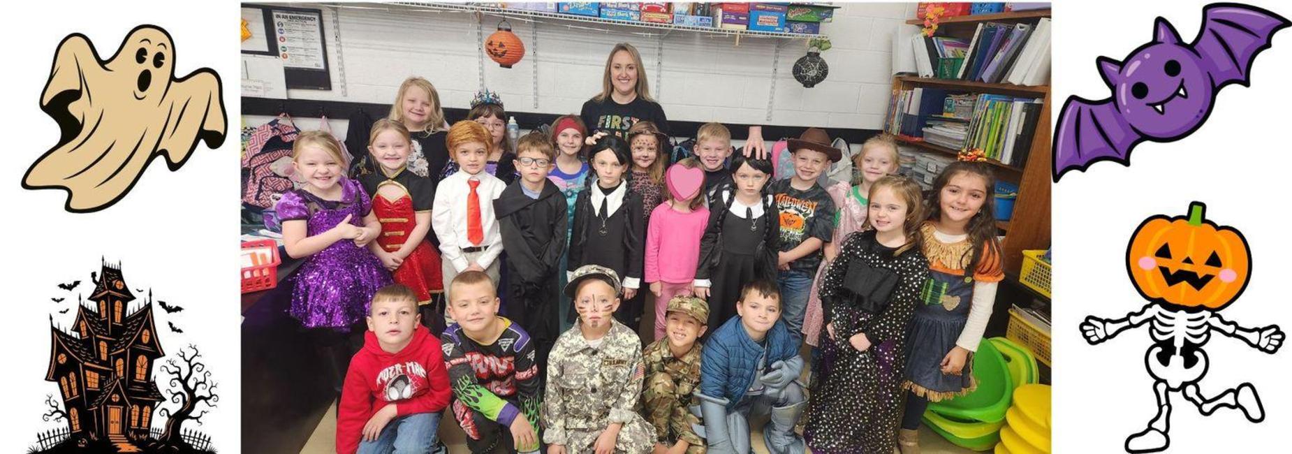 Ms. Sturgill's class in Halloween costumes, ready to Swoop the Loop!