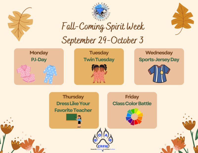 Fall spirit week schedule with themed days and visuals for each day.