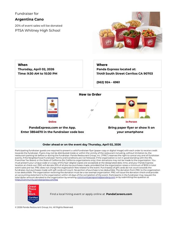 WHS PTSA fundraiser at Panda Express on April 2 from 9:30am - 10:30pm