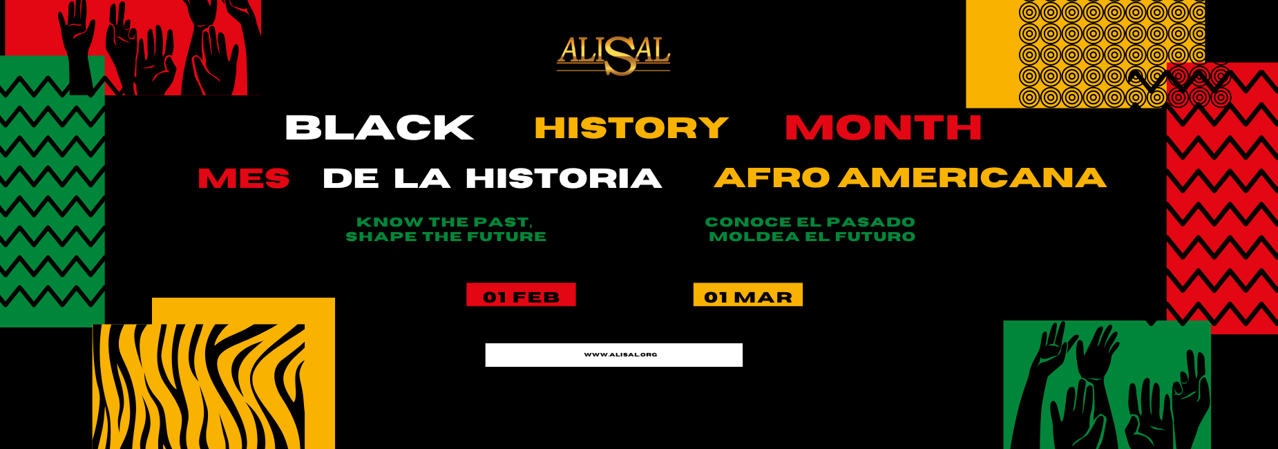 Graphic with red, green, yellow and white letters announcing the celebration of Black History Month