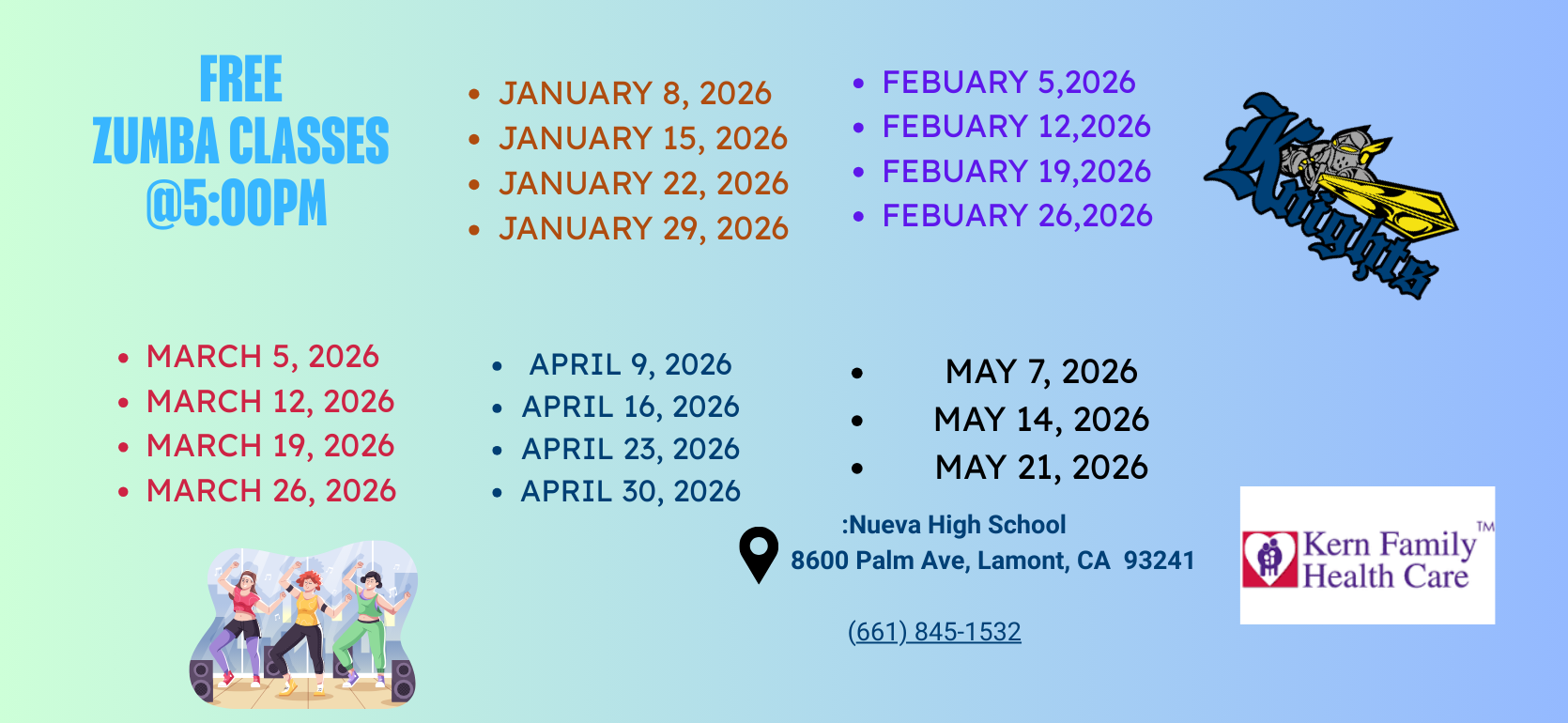 Colorful Zumba class schedule with dates and location details.