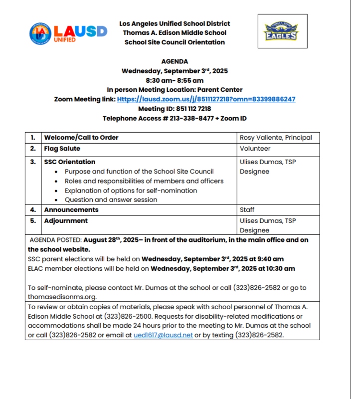 Los Angeles Unified School District Thomas A. Edison Middle School School Site Council Orientation