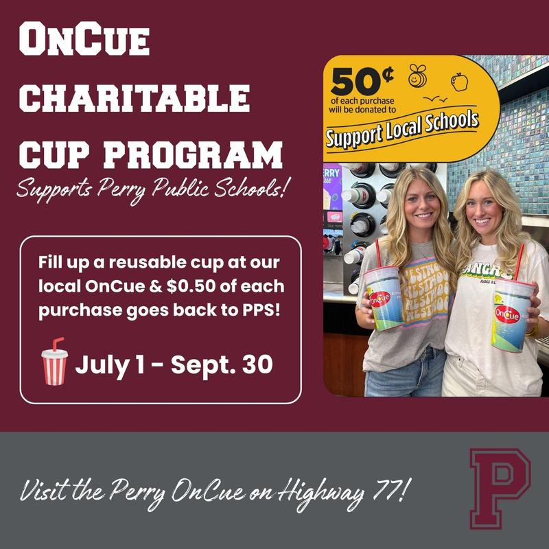 Perry OnCue cup donations to Perry Schools