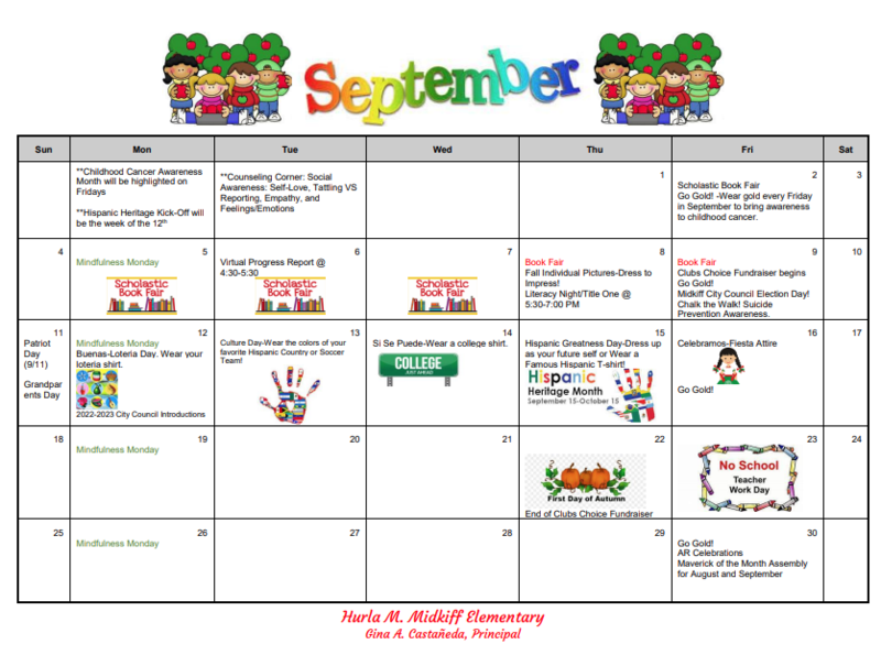 September Calendar Events Midkiff Elementary School