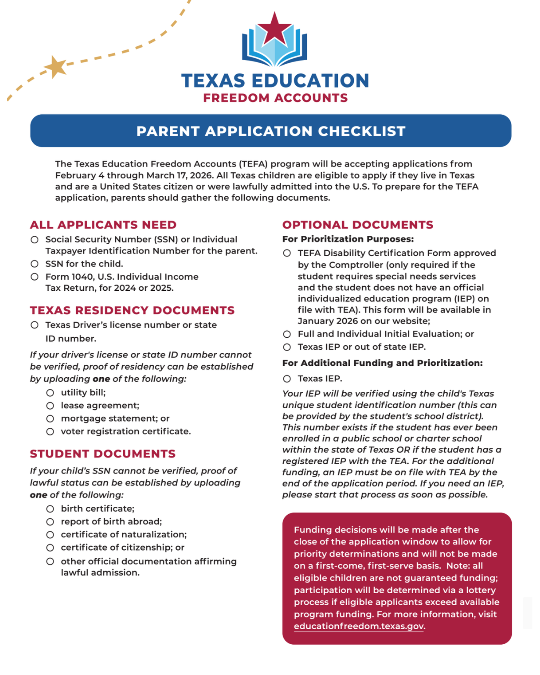 TEFA Parent Application Checklist