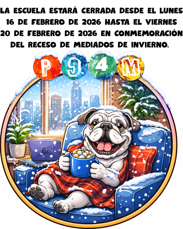 Spanish- Black text with P94M bulldog logo sitting in a chair in the city