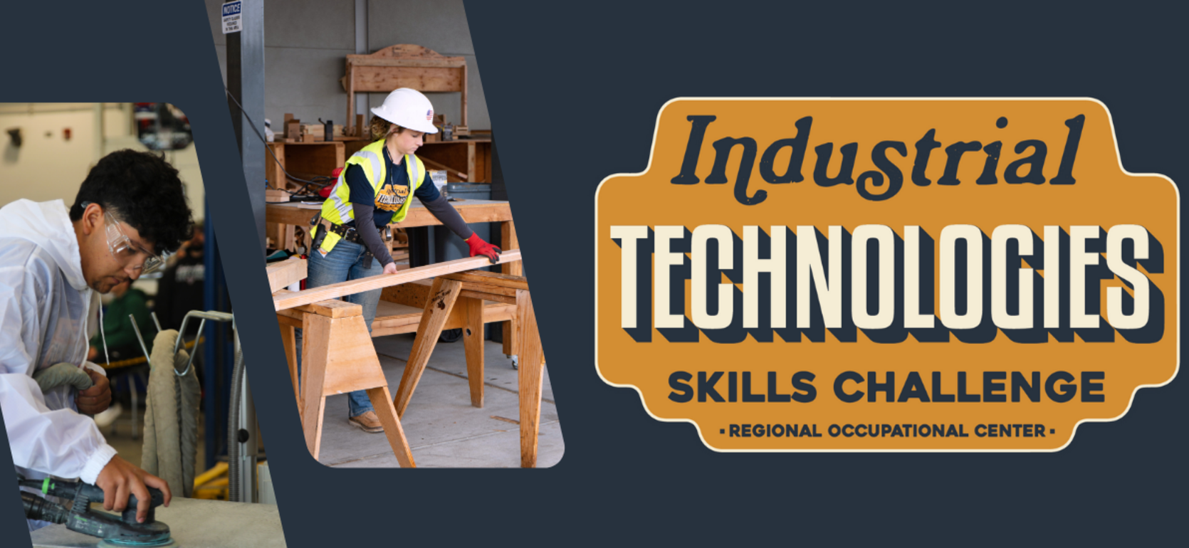 Two individuals engaged in industrial skills training, with a prominent text overlay for a challenge.