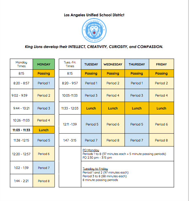2021-2022 Instructional School Calendar and Daily Student Schedule – Aviles, Monica – Thomas Starr King Middle School