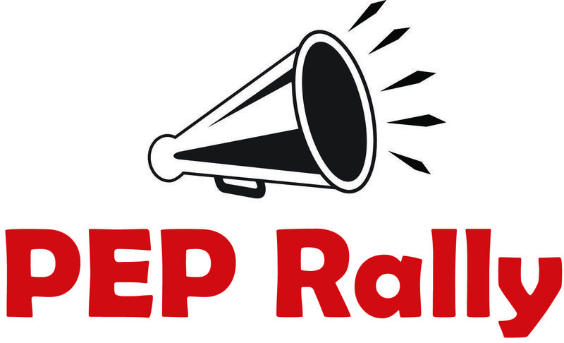 Clip art megaphone with PEP Rally below in red