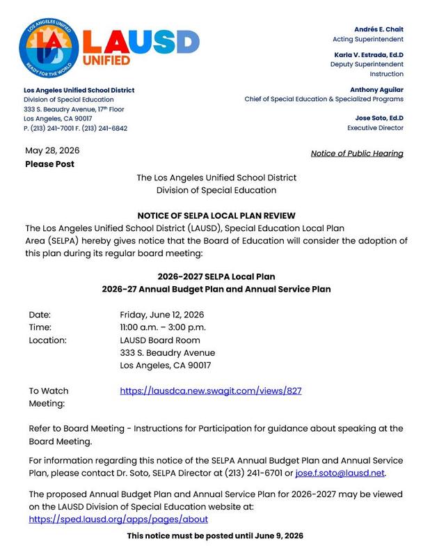 Notice of SELPA Local Review Plan