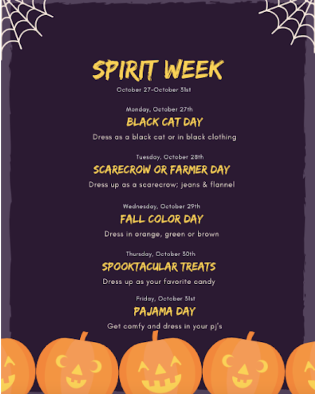 Spider webs, pumpkins. Spirit Week