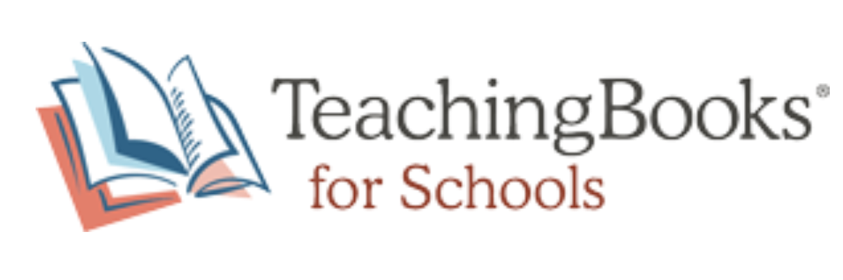 Image of an open book accompanied by blue text that says Teaching Books for Schools
