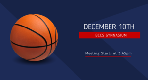 basketball on a blue background. Text with meeting information.