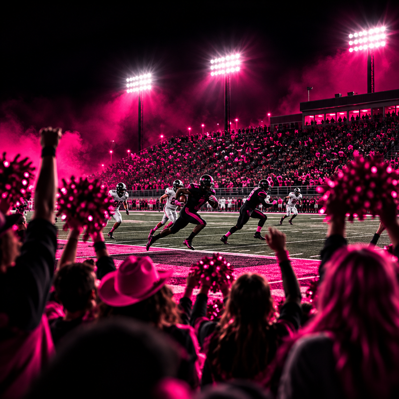 Football game under stadium lights.