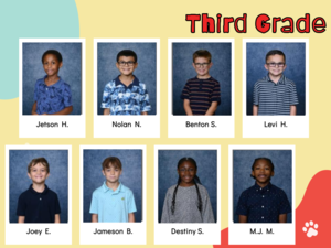 yellow background with red and aqua shapes, student pictures