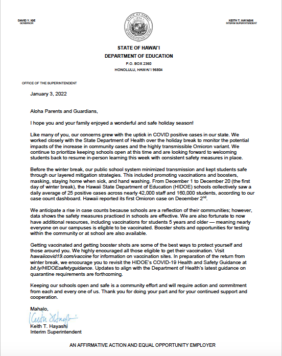 Letter from Interim Superintendent Keith Hayashi (January 3, 2022) Featured Photo